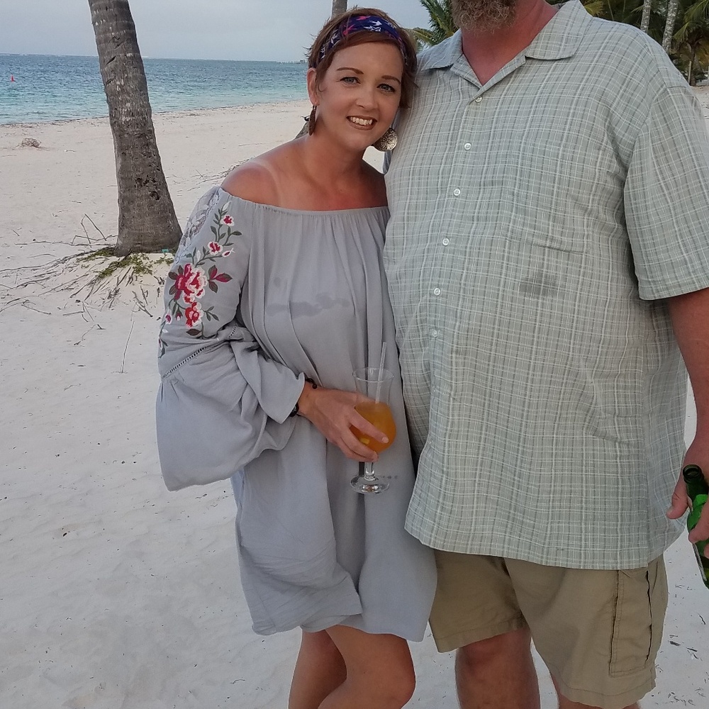 Off or on the shoulder dress w/bell sleeves